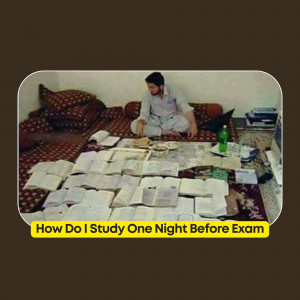 A student surrounded by books studying intensely the night before an exam.