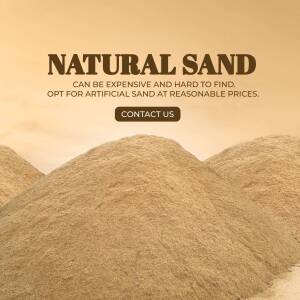 Image depicting natural sand with text promoting artificial sand as a cost-effective alternative.