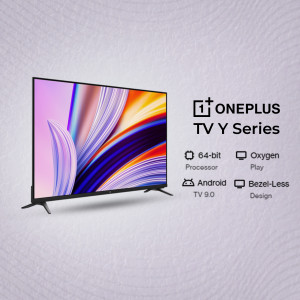 OnePlus TV Y Series advertisement showing a sleek black television with a vibrant display.