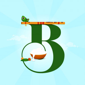 Letter B with flute, dahi handi and floral decorations for Janmashtami