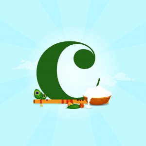 Letter C decorated with Janmashtami elements like a flute, peacock feathers, and a bowl of yogurt.