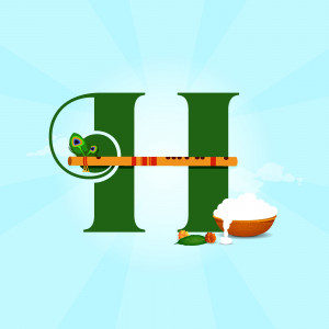 Letter 'H' creatively designed with elements of Lord Krishna's iconography