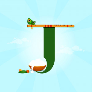 Letter J decorated with Krishna elements for Janmashtami