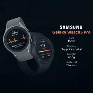 Close-up of the Samsung Galaxy Watch5 Pro in gray, displaying health metrics.