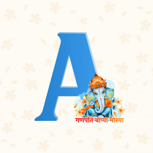 Letter A with Ganesha illustration and floral background