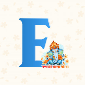 Letter E with an image of Lord Ganesha and floral decorations