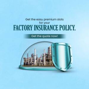 Image depicting factory insurance with a shield protecting a factory under a dome.