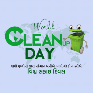 World Clean Up Day poster with a green trash can character and globe