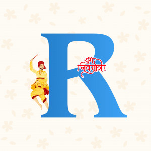 Illustration of a man playing Garba with the letter 'R' in the background, celebrating Navratri.