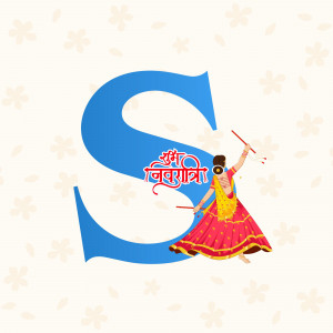 Illustration of a woman performing Garba dance with a large letter 'S' in the background, celebrating Navratri.