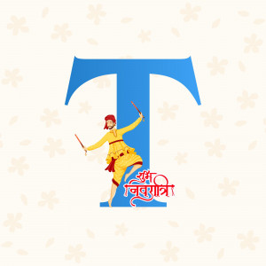 Illustration of a man performing Garba dance within the letter 'T' with floral decorations and Navratri greetings.