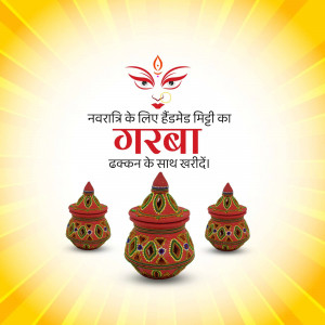 Navratri festival poster with traditional clay pots and Durga face