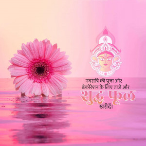 Pink gerbera flower floating on water with a depiction of Goddess Durga and text in Hindi.