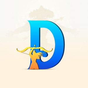 Capital letter D with an archer silhouette and mountain background