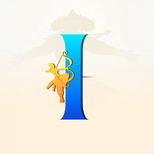 Illustration of Lord Rama with a bow and arrow forming the letter 'I'