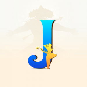 Stylized letter J with a silhouette of a person drawing with a pen