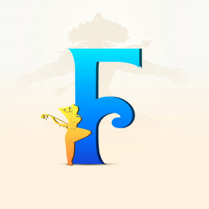 Stylized letter F with a silhouette of a woman playing the violin