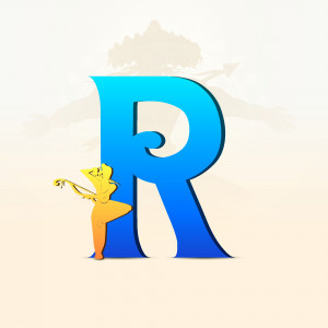 Stylized letter R with a silhouette of a woman dancing