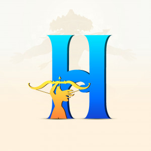 Letter H with a silhouette of Hanuman aiming a bow and arrow
