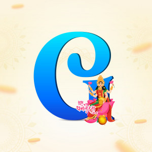 Image of Goddess Lakshmi depicted on the letter 'G' with a blue gradient background.