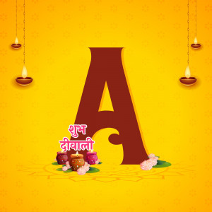 Letter A decorated with Diwali lamps and flowers
