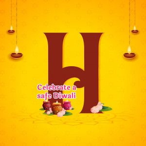 Diwali greeting card with a large letter 'H' and lit diyas