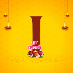 Diwali greeting card with a large letter 'I' decorated with diyas and flowers.