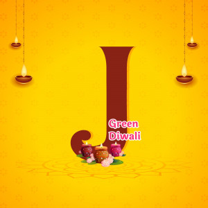 Letter J decorated with Diwali lamps and flowers on a yellow background