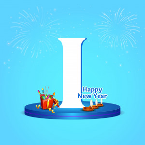 Letter I with New Year decorations including fireworks, gifts, and traditional oil lamps.