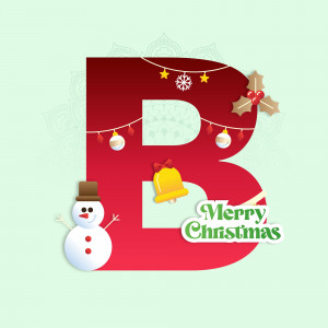 Letter B decorated with Christmas elements like a snowman, bell, and holly.