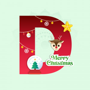 Letter D decorated with Christmas elements like a reindeer, snow globe, and lights.