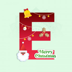Letter E decorated with Christmas ornaments and a Santa Claus face
