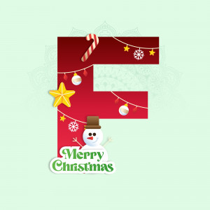 Letter F decorated with Christmas ornaments and a snowman