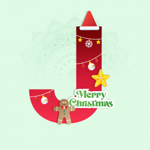 Red letter J decorated with Christmas ornaments and a gingerbread man.