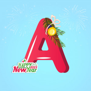 Red letter A decorated with Christmas ornaments and a 'Happy New Year 2023' message.