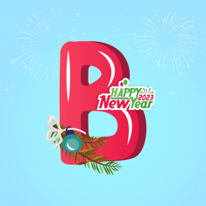 Letter B with New Year decorations and fireworks