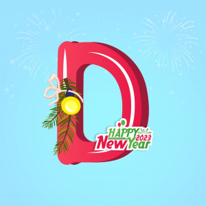 Red letter D decorated with New Year elements