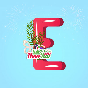 Letter E decorated with New Year elements like pine branches and a 'Happy New Year 2023' banner.
