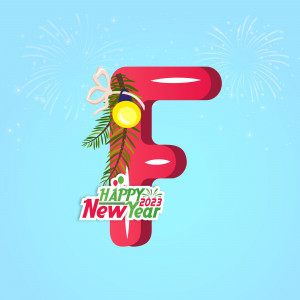Red letter 'F' decorated with Christmas ornaments and a 'Happy New Year 2023' banner.
