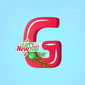 Red letter G with Happy New Year 2023 decorations