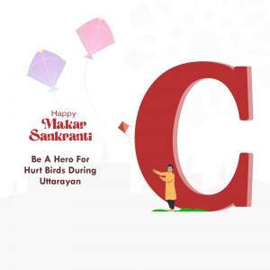 Illustration of kites and a large letter 'C' with a person flying a kite, celebrating Makar Sankranti.