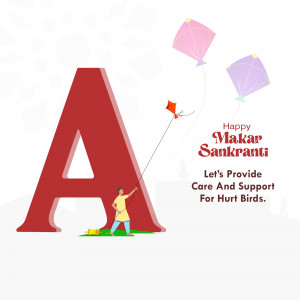Illustration of the letter 'A' with kites and a person caring for birds for Makar Sankranti