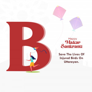 Illustration of a woman flying a kite with a large letter 'B' and other kites in the background, celebrating Makar Sankranti.