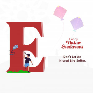 Illustration of a boy flying kites with a large letter 'E' and Makar Sankranti greetings.