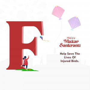 Illustration of a large letter 'F' with kites and a girl flying a kite, celebrating Makar Sankranti and promoting bird welfare.