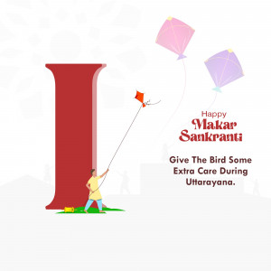 Illustration of a person flying kites with a large letter 'I' in the background, celebrating Makar Sankranti.