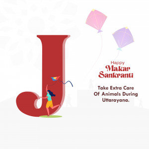 Illustration of a girl flying a kite with a large letter 'J' and other kites in the sky for Makar Sankranti