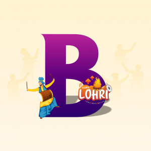 Illustration of a Punjabi man playing a dhol with the letter 'B' and Lohri bonfire
