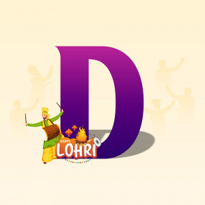 Lohri festival graphic with a large purple letter D and a Punjabi folk dancer