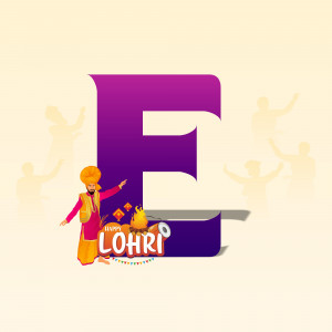 Illustration of a Lohri celebration with a large letter 'E' and traditional Punjabi figures.
